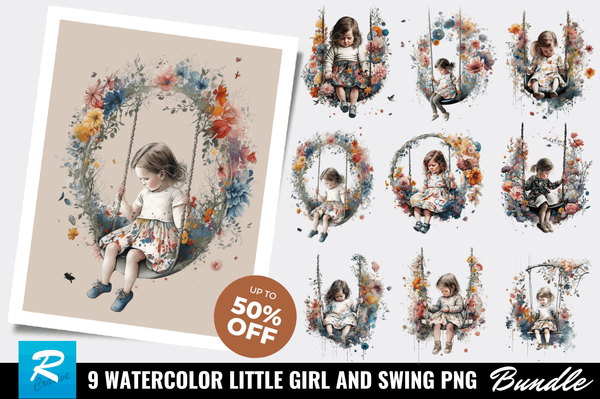 Watercolor Little Girl and Swing  Clipart Bundle