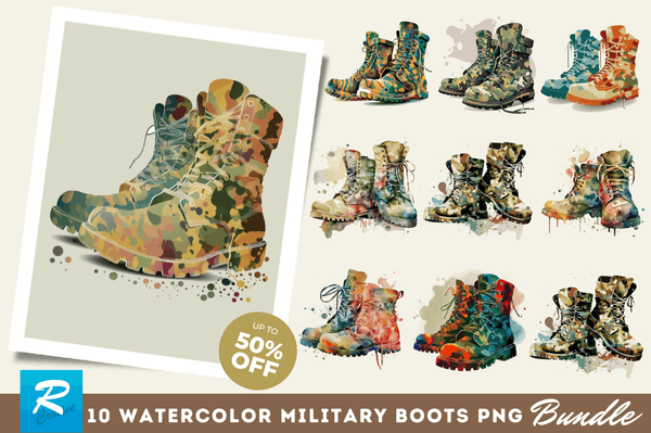 Watercolor Military Boots Clipart Bundle