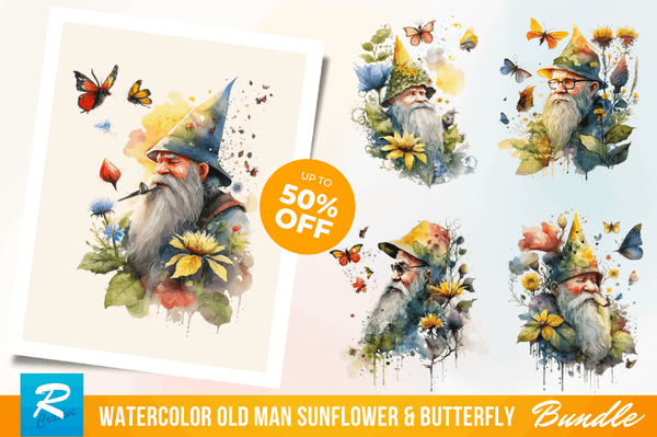 Watercolor Old man sunflower & Butterfly Clipart Bundle