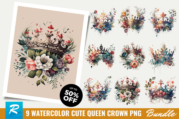 Watercolor Queen Crown Clipart Bundle