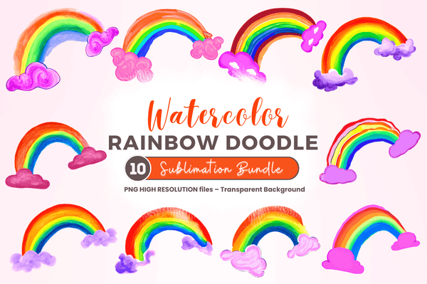 Watercolor Rainbow Doodle Clipart Bundle