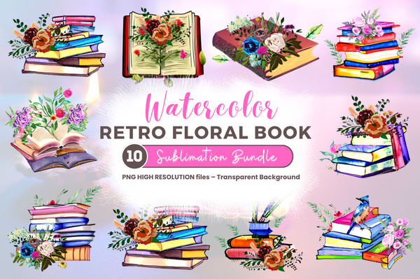 Watercolor  Retro Floral Book clipart Bundle