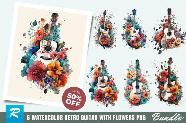 Watercolor Retro Guitar with Flowers Bundle