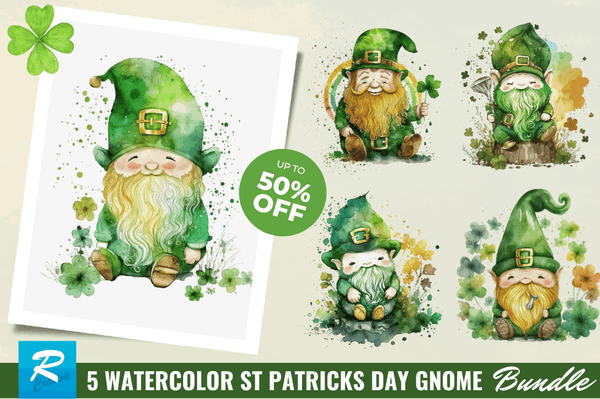 Watercolor St Patricks Day Gnome Clipart Bundle