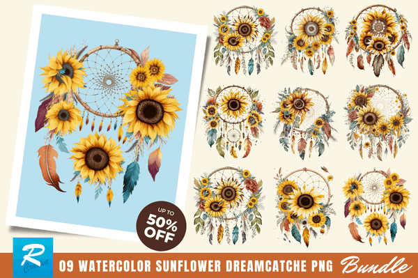 Watercolor Sunflower Dreamcatcher Clipart Bundle