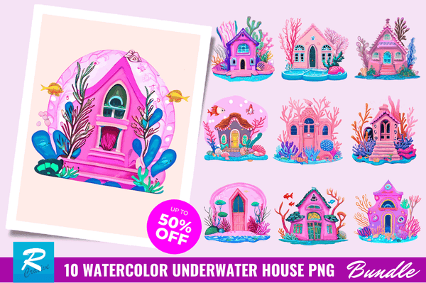 Watercolor Underwater House Clipart Bundle