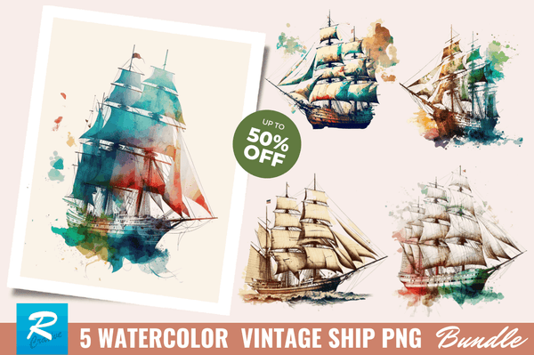 Watercolor Vintage Ship Clipart Bundle