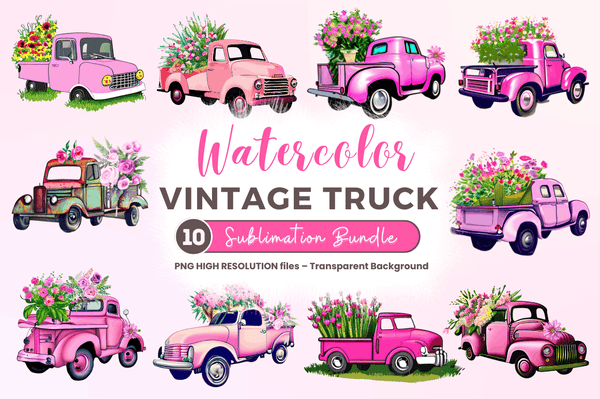 Watercolor Vintage Truck Clipart Bundle
