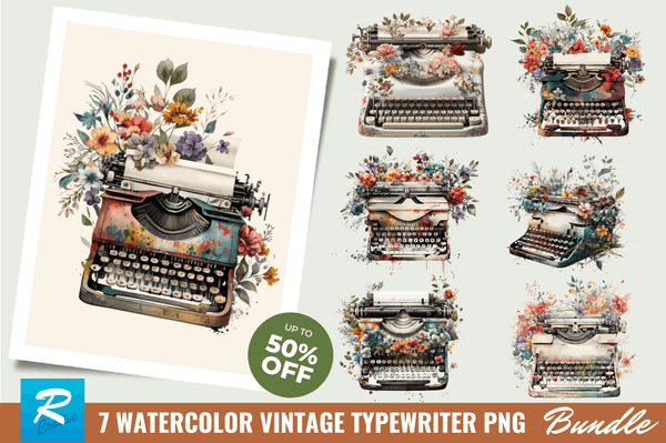 Watercolor Vintage Typewriter Clipart Bundle