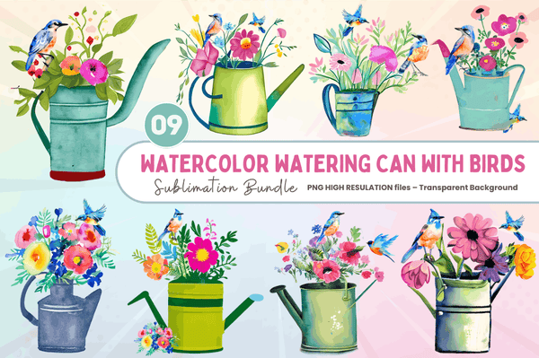 Watercolor Watering Can with Birds Clipart Bundle