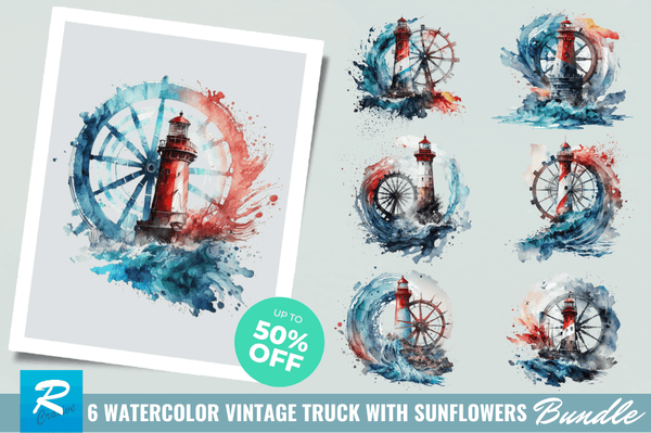 Watercolor Wheel and Lighthouse Clipart Bundle