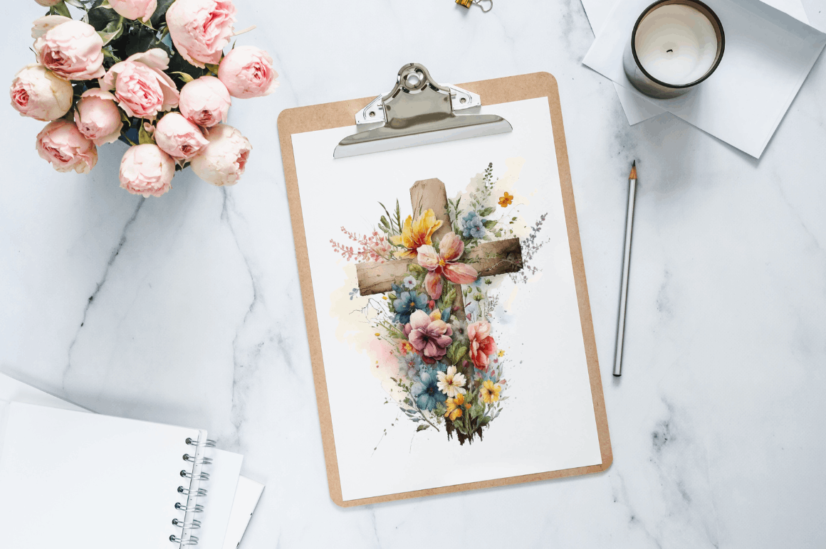 Watercolor Wooden Christian Cross Clipart Bundle