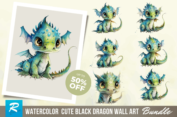 watercolor Cute Black Dragon Wall Art Clipart Bundle