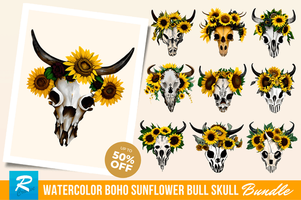 watercolor Boho Sunflower Bull Skull Clipart Bundle